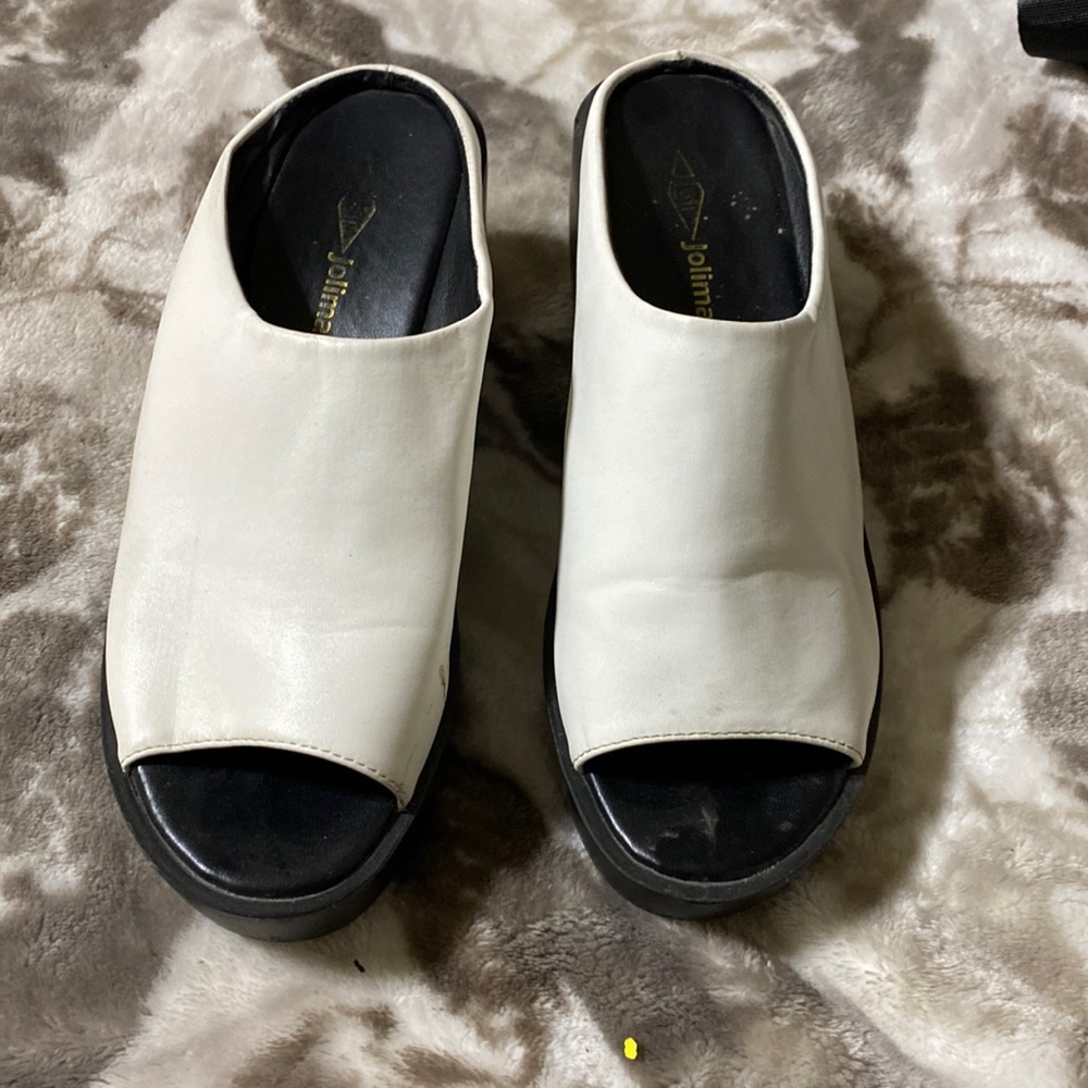 White and black slip on sandals wedges